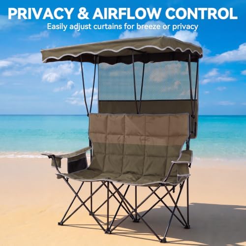 Padded Double Camping Chair With Canopy,Folding Chair Support 450LBS, Green