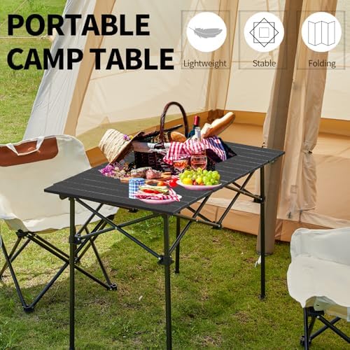 SHANQUAN Folding Camping Table, 46.5 × 21.7 Inches Portable Camp Table Aluminum Fold Up Lightweight Roll Up Table Adjustable Height with Carry Bag for Camping, Picnic, Backyard, BBQ, Patio, Black