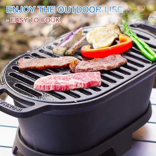 IRONMAX Mini Hibachi Grill Outdoor, Portable Small Charcoal Grill and Tabletop Cast Iron Skillet, 100% Cast Iron, Durable, Camping BBQ Grill Grate 11" x 6.7" for 2 People