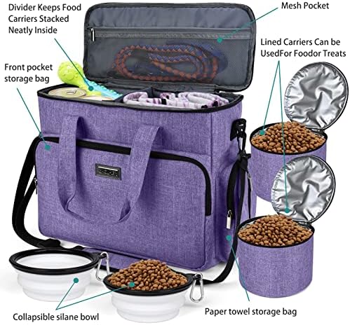 BAGLHER Dog Travel Bag, Airline Approved Pet Tote Organizer with Multi-Function Pockets, 2 X Food Storage Containers and 2 X Collapsible Bowls, Perfect Weekend Pet Travel Set for Dog, Cat Purple