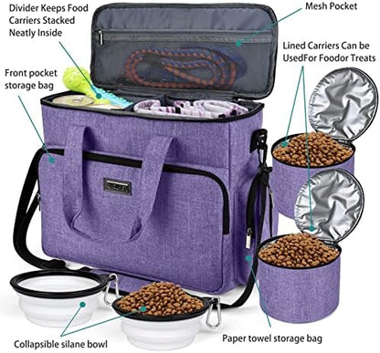 BAGLHER Dog Travel Bag, Airline Approved Pet Tote Organizer with Multi-Function Pockets, 2 X Food Storage Containers and 2 X Collapsible Bowls, Perfect Weekend Pet Travel Set for Dog, Cat Purple