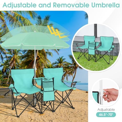 Goplus Double Camping Chairs with Umbrella, Cooler for Beach Patio