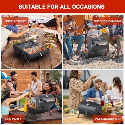 Portable Tabletop Charcoal BBQ Grill with Built-in Thermometer, 13.5in