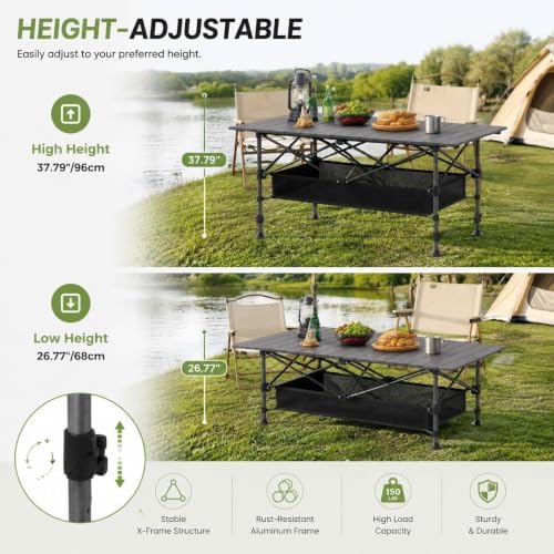 Aoran Folding Camping Table,Portable Adjustable Height Roll Up Table with Mesh Storage Net & Carry Bag,Lightweight Picnic Table for Tailgate Outdoor Backyard BBQ Patio