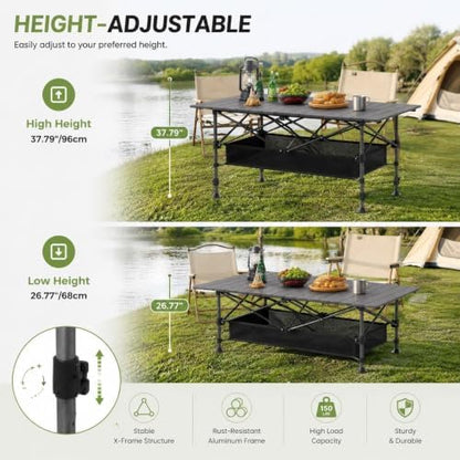 Aoran Folding Camping Table,Portable Adjustable Height Roll Up Table with Mesh Storage Net & Carry Bag,Lightweight Picnic Table for Tailgate Outdoor Backyard BBQ Patio