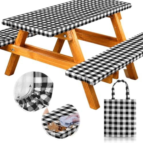 Premium Vinyl Fitted Picnic Table Cover with Bench Covers & Bag, Outdoor Waterproof & Windproof Durable Tablecloth with Elastic Edges, Camping Essentials, RV Gear, 72x30 Inches, Black Checkered - 6 FT