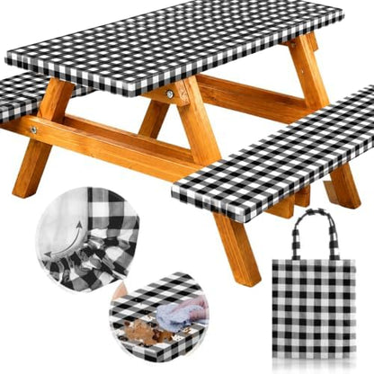 Premium Vinyl Fitted Picnic Table Cover with Bench Covers & Bag, Outdoor Waterproof & Windproof Durable Tablecloth with Elastic Edges, Camping Essentials, RV Gear, 72x30 Inches, Black Checkered - 6 FT