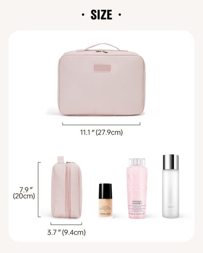 EACHY Travel Toiletry Bag with Hanging Hook, Portable Makeup Cosmetic Bags for Women, Water-Resistant Full-Size Travel Accessories (Pink)