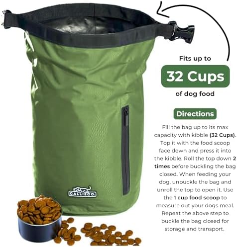 Callieco Dog Food Travel Bag w/ 1 Cup Scoop and Zipper Side Pocket | Waterproof Kibble Storage Container for Home, Road Trips, Camping, Boarding and More (Green, 32 Cups)