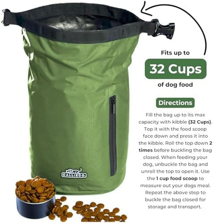 Callieco Dog Food Travel Bag w/ 1 Cup Scoop and Zipper Side Pocket | Waterproof Kibble Storage Container for Home, Road Trips, Camping, Boarding and More (Green, 32 Cups)
