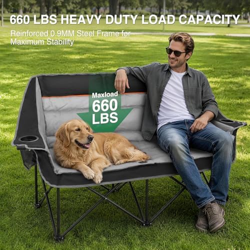 HOPERAN Double Camping Chair 660lb Camping Couch Oversized Folding Loveseat