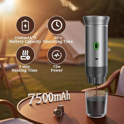 Portable Coffee Maker, 20-Bar 3-in-1 Travel Coffee Machine with 7500mAh Battery, Compatible with Ground Coffee & Capsules for Camping, RV, Hiking, Car & Office