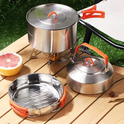 Camping Cookware Set 304 Stainless Steel Camping Pot Pan and Kettle Kit