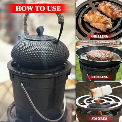 2-in-1 Hibachi Grill & S'mores Maker, 100% Pre-Seasoned Cast Iron, 6.5" Mini Small Portable Charcoal BBQ Grill for Outdoor Camping - 2 Heights, Draft Door
