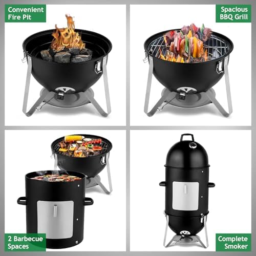 Outvita Vertical 18.8 Inch Steel Charcoal Smoker, 3-in-1 Portable, Black