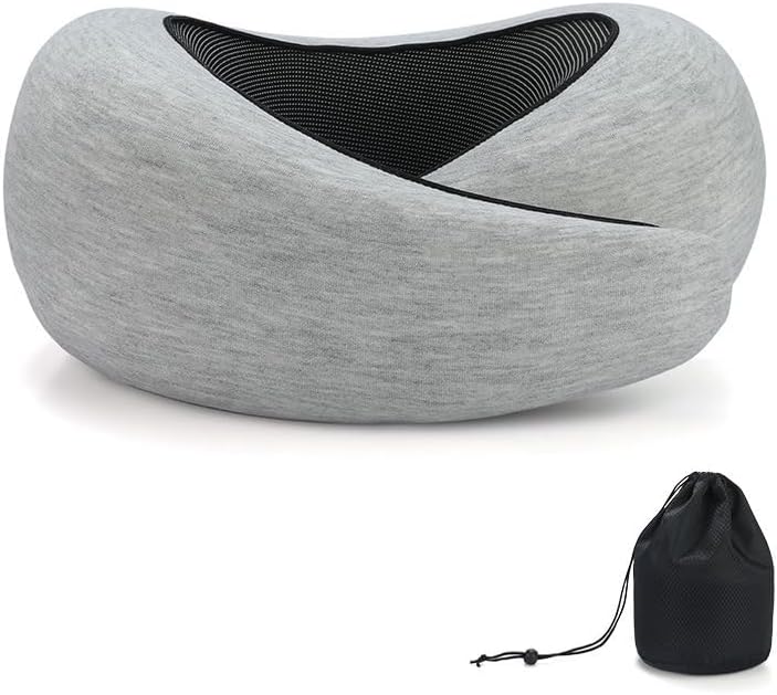 REDOFF®Travel Pillow for Neck Support, Memory Foam Neck Pillow for Airplane, Car, Office - Adjustable Strap with Magic Tape, Breathable & Portable with Storage Bag（LightGray