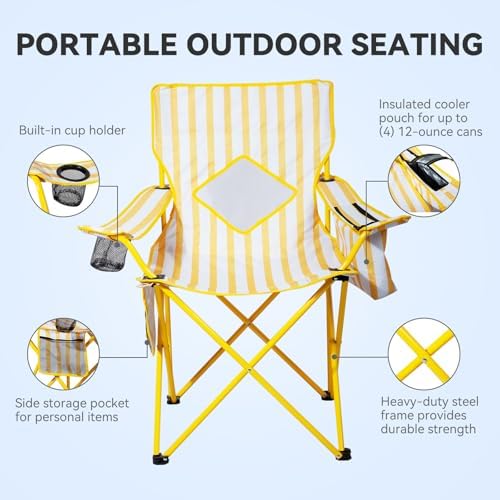 Nazhura 4 Pack Outdoor Camping Chairs Folding/Foldable/Portable with Cooler Pouch, Mesh Backrest and Cup Holder Pocket (Yellow, Metal, 4 Pack)