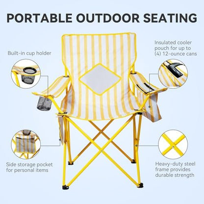 Nazhura 4 Pack Outdoor Camping Chairs Folding/Foldable/Portable with Cooler Pouch, Mesh Backrest and Cup Holder Pocket (Yellow, Metal, 4 Pack)