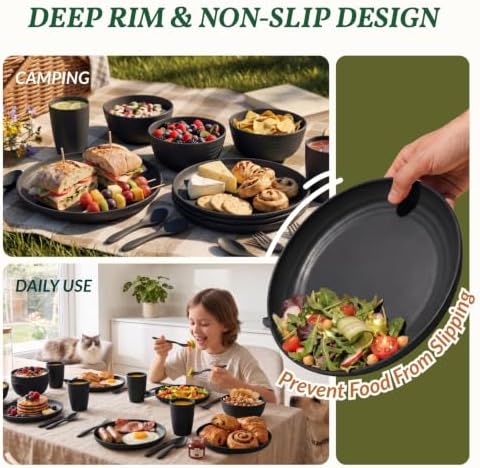 Homienly Wheat Straw Dinnerware Sets, Homienly 20pcs Unbreakable Microwave Dishwasher Safe Tableware Lightweight Bowls, Cups, Plates Set Reusable Dinner Plates Bowls set (Matte Black)