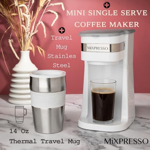 Mixpresso Single Serve & Single Cup Coffee Maker with 14oz Travel Mug White