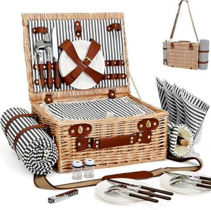 Picnic Basket with Blanket and Wine Pouch for 4, Wicker Picnic Set with Insulated Liner Cooler Bag Hamper for Camping,Wedding - Stripes