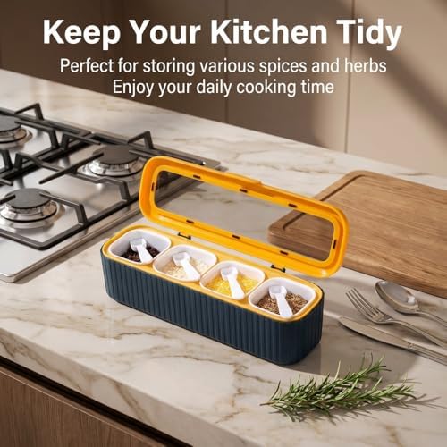 Clear Seasoning Box, 4PCS Seasoning Rack Spice Pots, Storage Container Condiment Jars Seasoning Box with Clear Covers and Spoons for Spice, Sugar, Salt, Pepper, Garlic Powder (Blue)