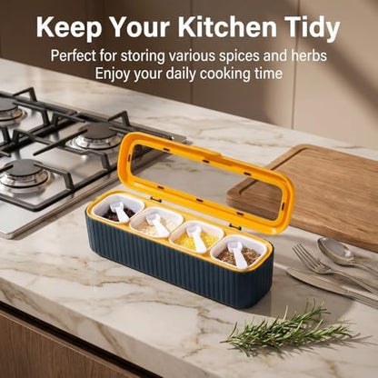 Clear Seasoning Box, 4PCS Seasoning Rack Spice Pots, Storage Container Condiment Jars Seasoning Box with Clear Covers and Spoons for Spice, Sugar, Salt, Pepper, Garlic Powder (Blue)