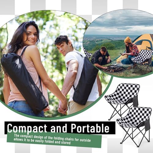 2 Pack Folding Camping Chairs Portable, Black, White, Chessboard