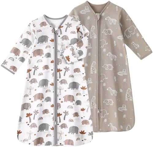 Baby Sleep Sack 0-6 Months, Long Sleeve Baby Wearable Blanket 0.5 Tog with Mittens, 2-Way Zipper Newborn Cotton Sleeping Sack for Boy and Girl Grey Elephant 2 Pack (Small)