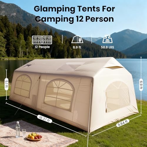 Inflatable Tents for Camping, Large Blow Up Tent with Hand Pump, Easy Setup InflatableTent 4 Season Tent, Waterproof Oxford Air Glamping Tents for Camping Adult 4/6/8/10/12 Person