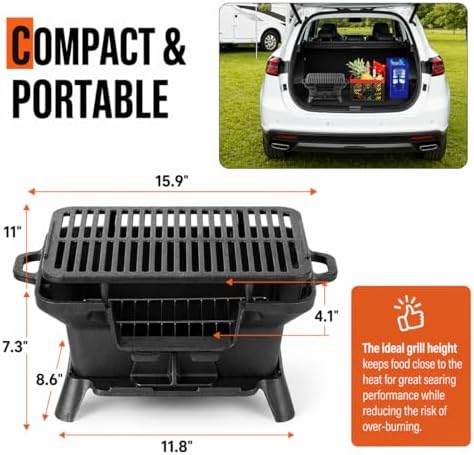 Hibachi Grill Outdoor, Portable Mini Charcoal Grill, Pre-Seasoned Cast Iron, Small Japanese Yakitori Tabletop Skillet Grill Stove for Outdoor Camping