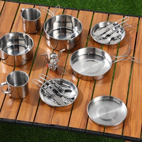 Funnymoom 15 Pcs Camp Cooking Set Stainless Steel Camping Cookware Mess Kit with Pot Pan and Stove 2 Set Stainless Steel Cups Plates Forks Knives Spoons for Camping Backpacking Outdoor Cooking Picnic