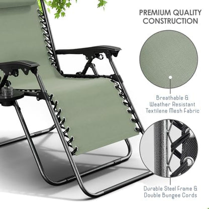 Nestl Zero Gravity Chairs 1 Pk, Portable Patio Lounge Outdoor with Pillows & Cup Holder Trays, Adjustable Steel Lawn Chair for Deck, Beach - Sage Green