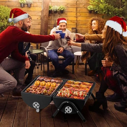 Portable bbq Charcoal Grill Small Folding Table Top Charcoal Grill for Outdoor Camping Two Side Carbon Smoker Griller with bbq Grill Brush and Metal Tongs (Black)