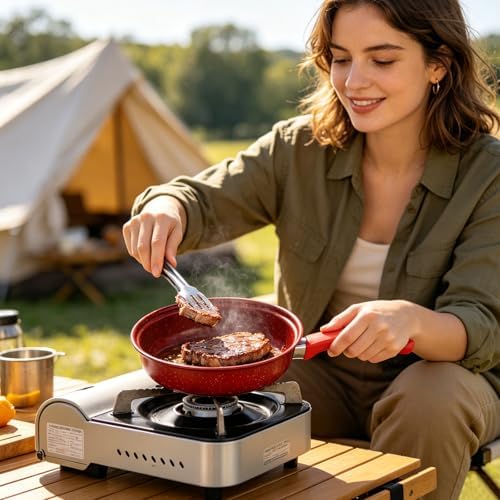 13 Piece Set Non-Stick Cookware Set, Portable Lightweight Cast Iron Pots and Pans with Glass Lids and Nylon Utensils for Outdoor Camping Picnic Travel Cookware