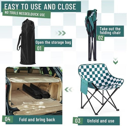 2 Pack Folding Camping Chairs Portable, Green,White, Chessboard