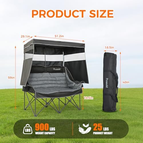 Double Camping Chair with Canopy Heavy Duty 2 Person Folding Loveseat Beach Chair with Shade High Back Oversized Outdoor Camping Couch with Cup Holders & Wine Racks for Lawn, Fishing, Sports
