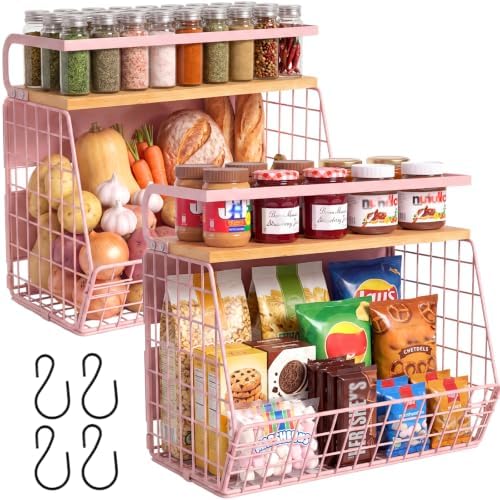 Magnetic Shelf for Fridge with Wood Lid, Fruit Potato and Onion Storage Bins, Pantry Organizers & Storage, Large Container Magnetic Spice Rack for Refrigerator, Kitchen Counter, Cabinet (Pink, 2)