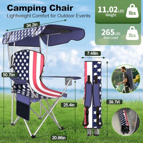 VTOY Portable Folding Camping Chair with Canopy, Outdoor Sun Shade Chair