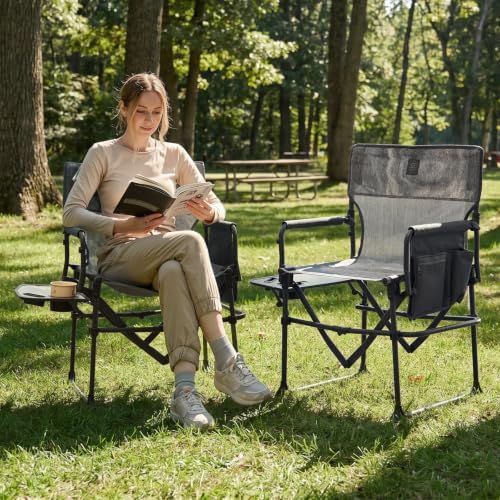 EVER ADVANCED Camping Directors' Chair with Side Table, Portable Folding with Compact Size, Breathable & Quick Dry Design Heavy Duty Lawn Chair with Pocket, 400lbs, Elastic Mesh, Grey