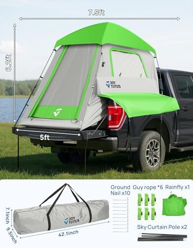 JOYTUTUS Automatic Truck Tent, Easy Set-up, Portable Truck Bed Tent 5.5FT-6.5FT with Rainfly, Truck Camping Tent with Waterproof PU2000mm Double Layer for 2 Person