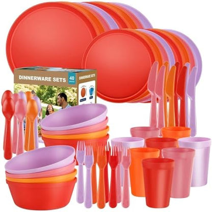 40 Piece Plastic Dinnerware Set for 8 with Cutlery, Unbreakable Plates and Bowls Set, Dishwasher & Microwave Safe Reusable Dish Set for Camping, RV, Outdoor Kitchen, Apartment Dining,Sunset Multicolor