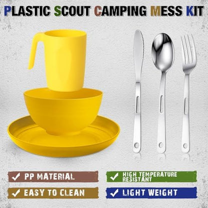 Scout Camping Mess Kit for Person Boy Scout Dishes Set Girl Scout Mess Kit with Mesh Bag Reusable Light Weight Eating Utensils Plastic Camping Cutlery Set for Travel Camp