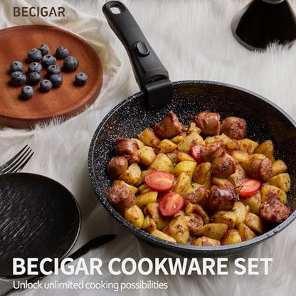 BECIGAR 24pcs Ceramic Pots and Pans Set, Nonstick Detachable Handle Cookware, Induction Kitchen Cooking Set with Removable Handle,include Frying Pans & Saucepans Oven Safe (Black)