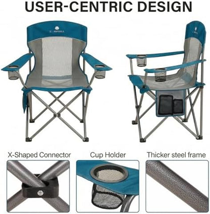 2 Pack Camping Chairs for Adults,Oversized Mesh Back Lawn Chair with Cup Holder, Side Pocket&Bag for Outdoor,Beach,Picnic,Fishing,and Sports,Breathable,Heavy Duty,Blue