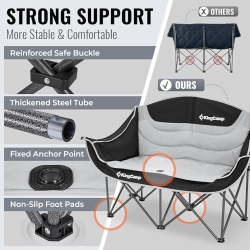 KingCamp Double Camping Chair, Oversized Heavy Duty 660lbs Loveseat for Adults Portable Folding XL 2 Person Couch Padded Comfortable Two Seat with Cup Holder for Outdoor Lawn Backyard, Black/Grey