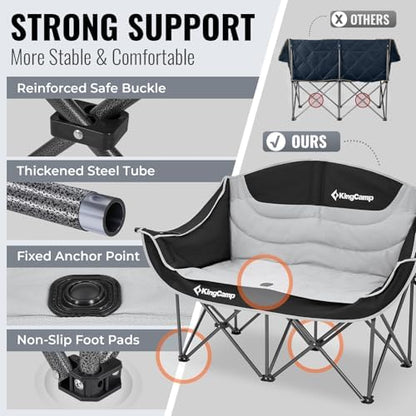 KingCamp Double Camping Chair, Oversized Heavy Duty 660lbs Loveseat for Adults Portable Folding XL 2 Person Couch Padded Comfortable Two Seat with Cup Holder for Outdoor Lawn Backyard, Black/Grey
