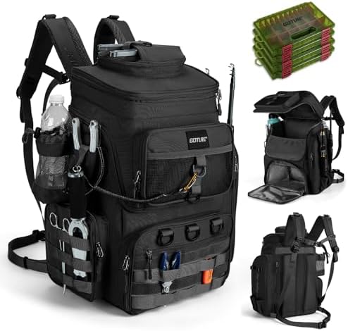 Goture Fishing Backpack with 4 Tackle Boxes,55L Tackle Backpack with Cooler
