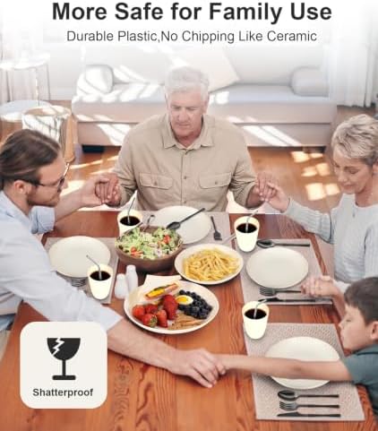 Quatish 64 Piece Plastic Plates and Bowls Sets for 8, Dinnerware Sets Beige