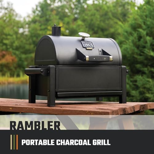 Oklahoma Joe's Rambler Portable Tabletop Charcoal Grill, 218 Sq. In. Cooking Space, Heavy-Duty Steel Construction, Cast Iron Grates, Built-In Temperature Gauge